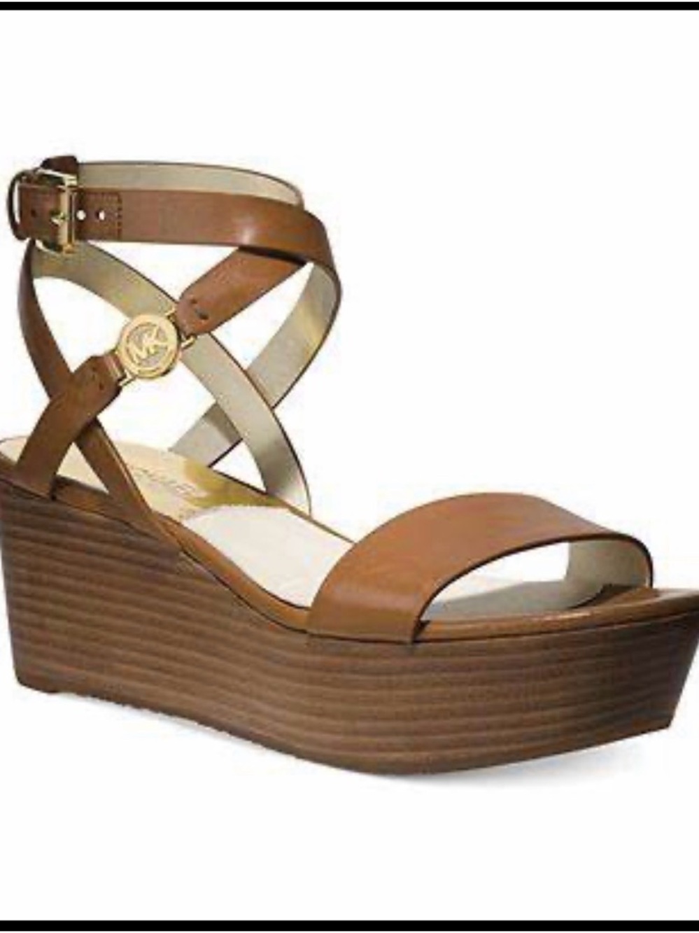 Michael Kors Jalita Brown Leather Wedge Sandals with Ankle Strap and gold charm